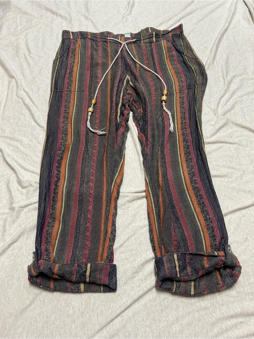 Sundance Lightweight Striped Woven Viscose Pants Boho Hippie Rolled Cuff